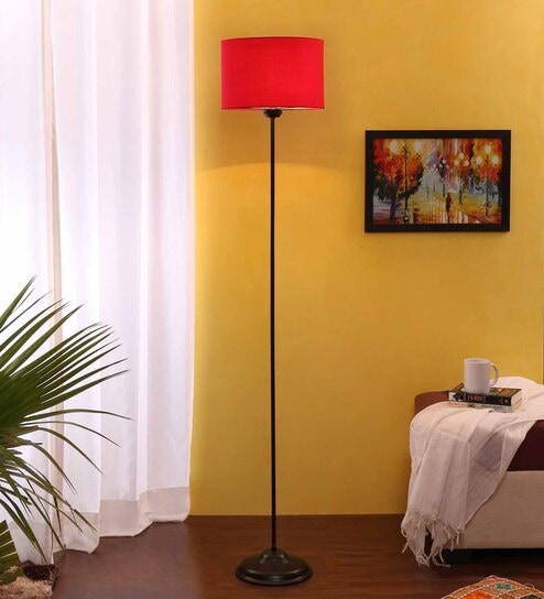 Hazel Red Cottan Fabric Shade Club Floor Lamp With Iron Base