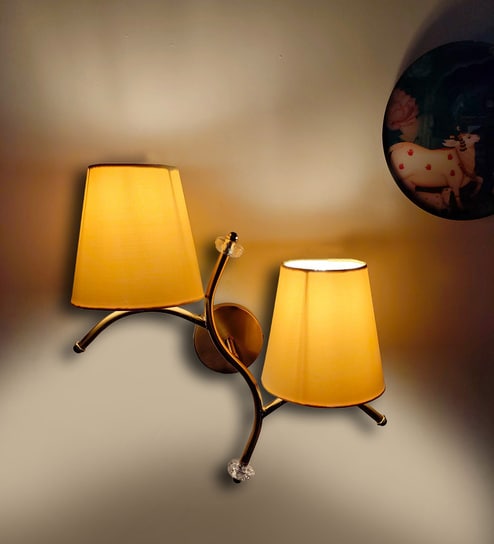 Dual wall mounted gold lamp with Yellow Cotton Shade - Modern Decorative Wall Light