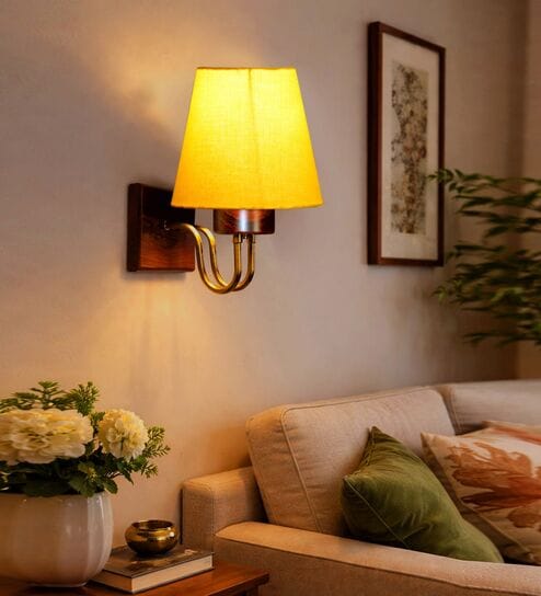 Premium Yellow Conical Fabric Shade Wall Light Wood & Metal