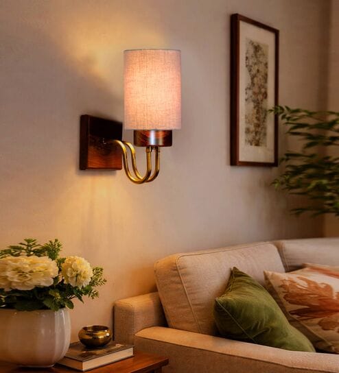 Grey Cotton Premium wall lamp with wood & metal frame and fabric shade. Ideal