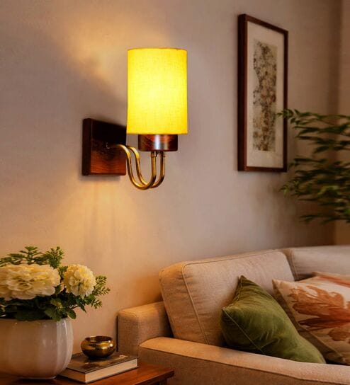 Yellow Cotton Elegant wall lamp with wood & metal base and fabric shade. Perfect