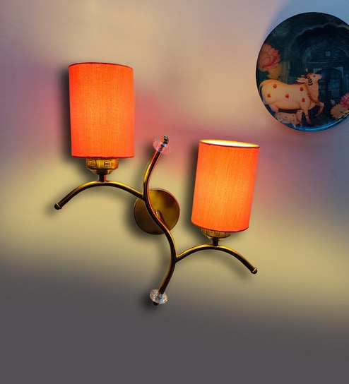 Dual wall mounted gold lamp with Orange Cotton Shade - Modern Decorative Wall Light