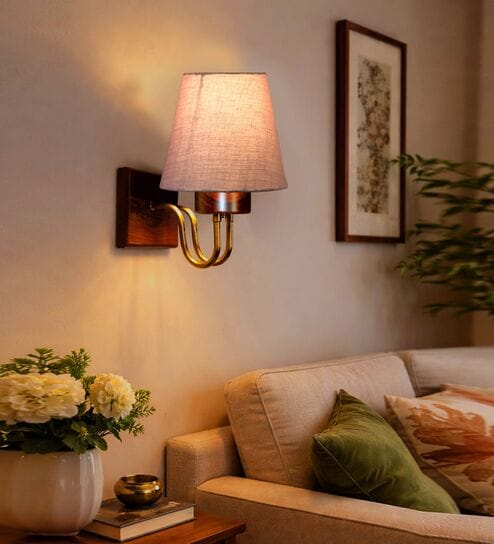 Stylish Grey Conical Fabric Wall Lamp with Wood & Metal