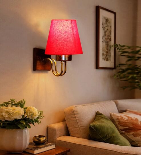 Designer Red Conical Fabric Shade Wall Lamp in Wood & Metal