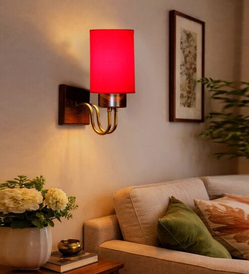 Red Cotton Modern wall lamp with wood & metal frame and fabric shade. Great