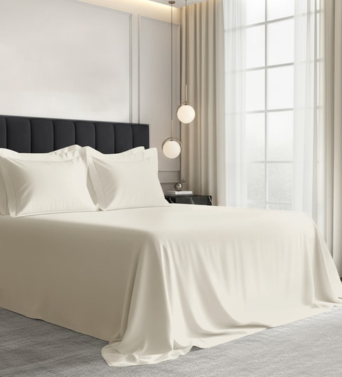New Ivory Solid 1000 TC Cotton Super King Sized Bedsheet with 4 Pillow Covers