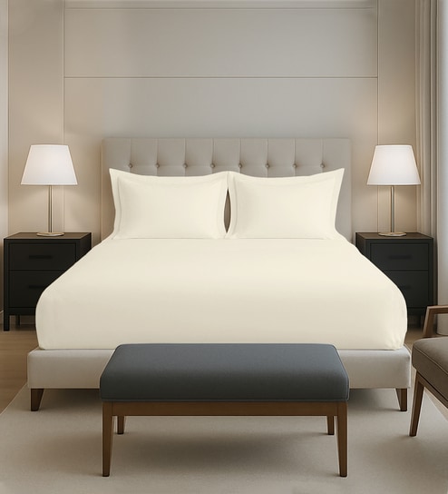 New ivory Solid 400 TC Cotton Queen Sized Fitted sheet with 2 Pillow Covers