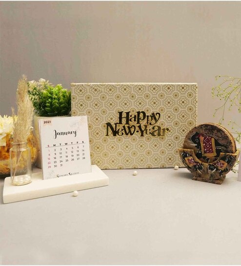 New Year Gift Hamper With 2025 Desk Calendar & Elephant Coasters Set
