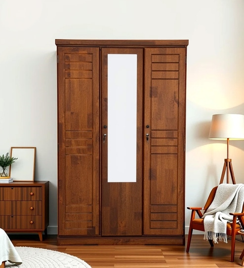 New York American 3 Door Wardrobe In Brown Color With Mirror & Drawer