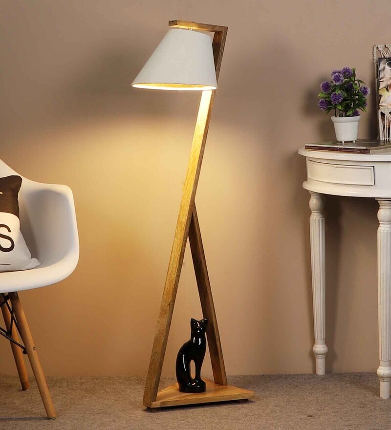 wooden floor lamp with white shade