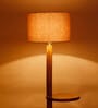 New Era  Grey Cotton Drum Shade Wood Natural Table Floor Lamp