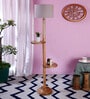 New Era  Grey Cotton Drum Shade Wood Natural Table Floor Lamp