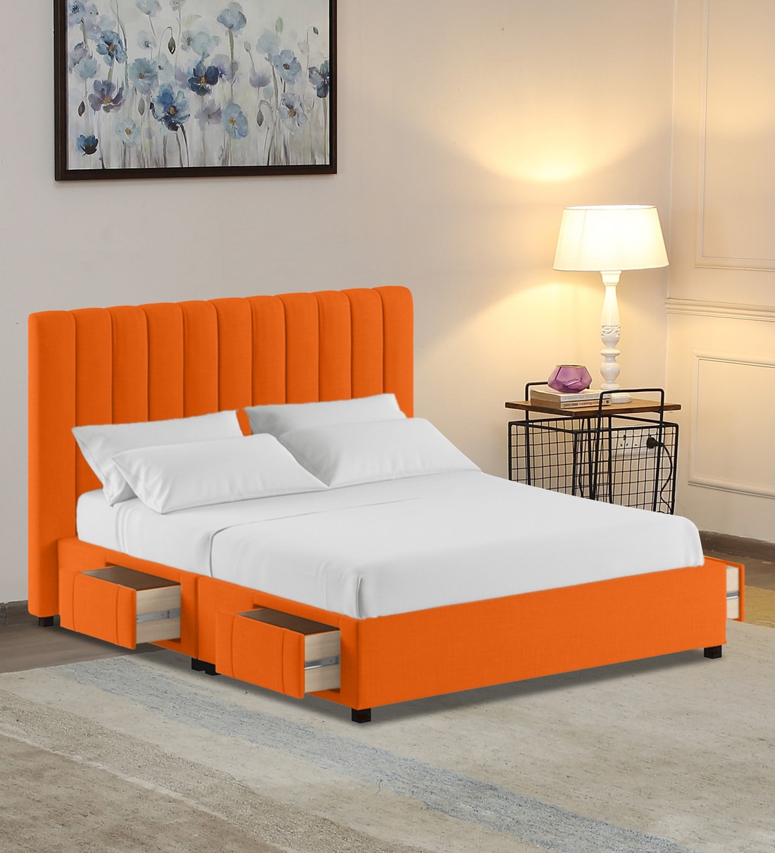 Buy Nivi Fabric Upholstered King Size Bed in Vivid Orange Colour with