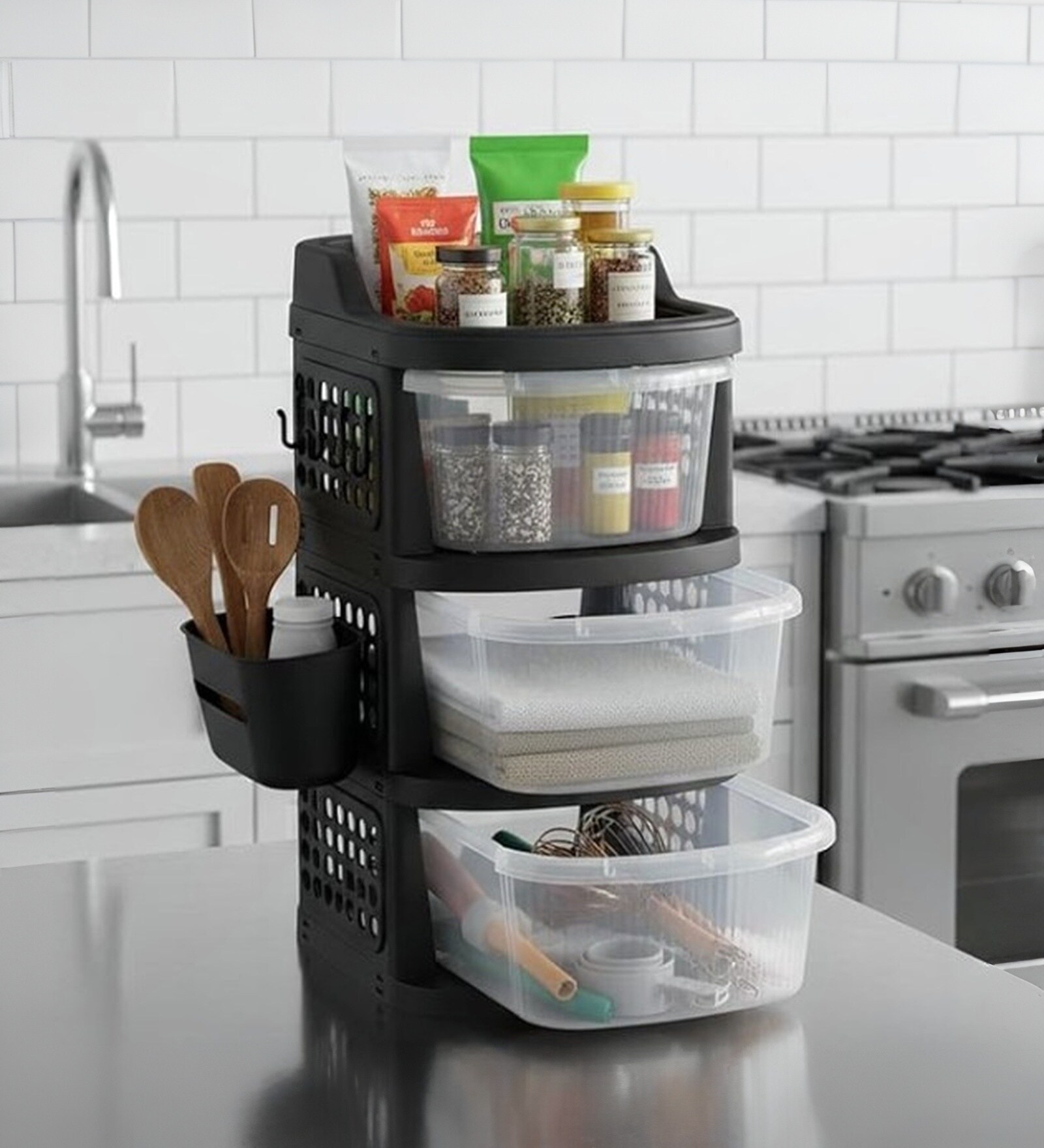 Black Rolling Drawer With Wheels 3 Layer