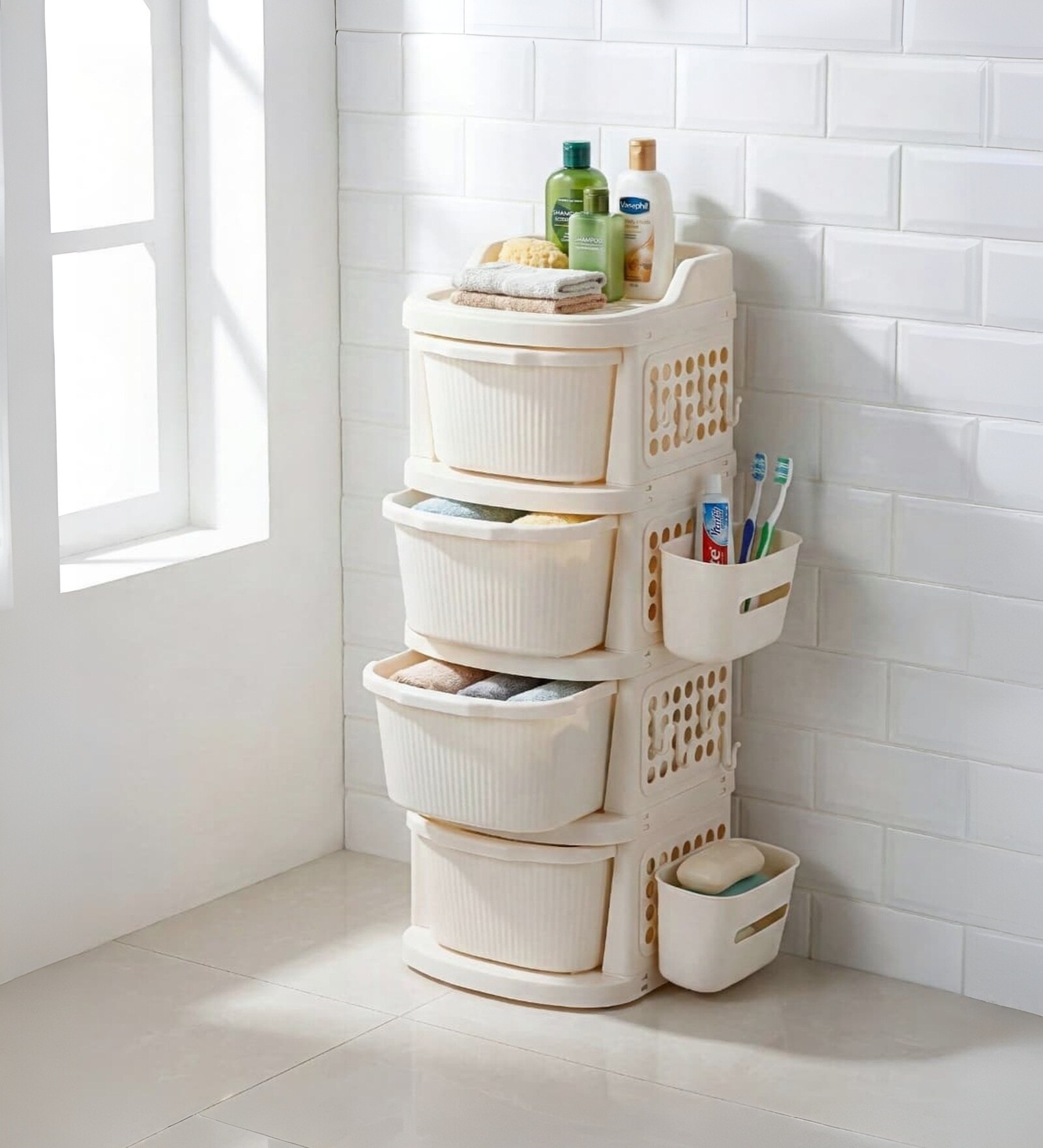 Cream Rolling Drawer With Wheels 4 Layer