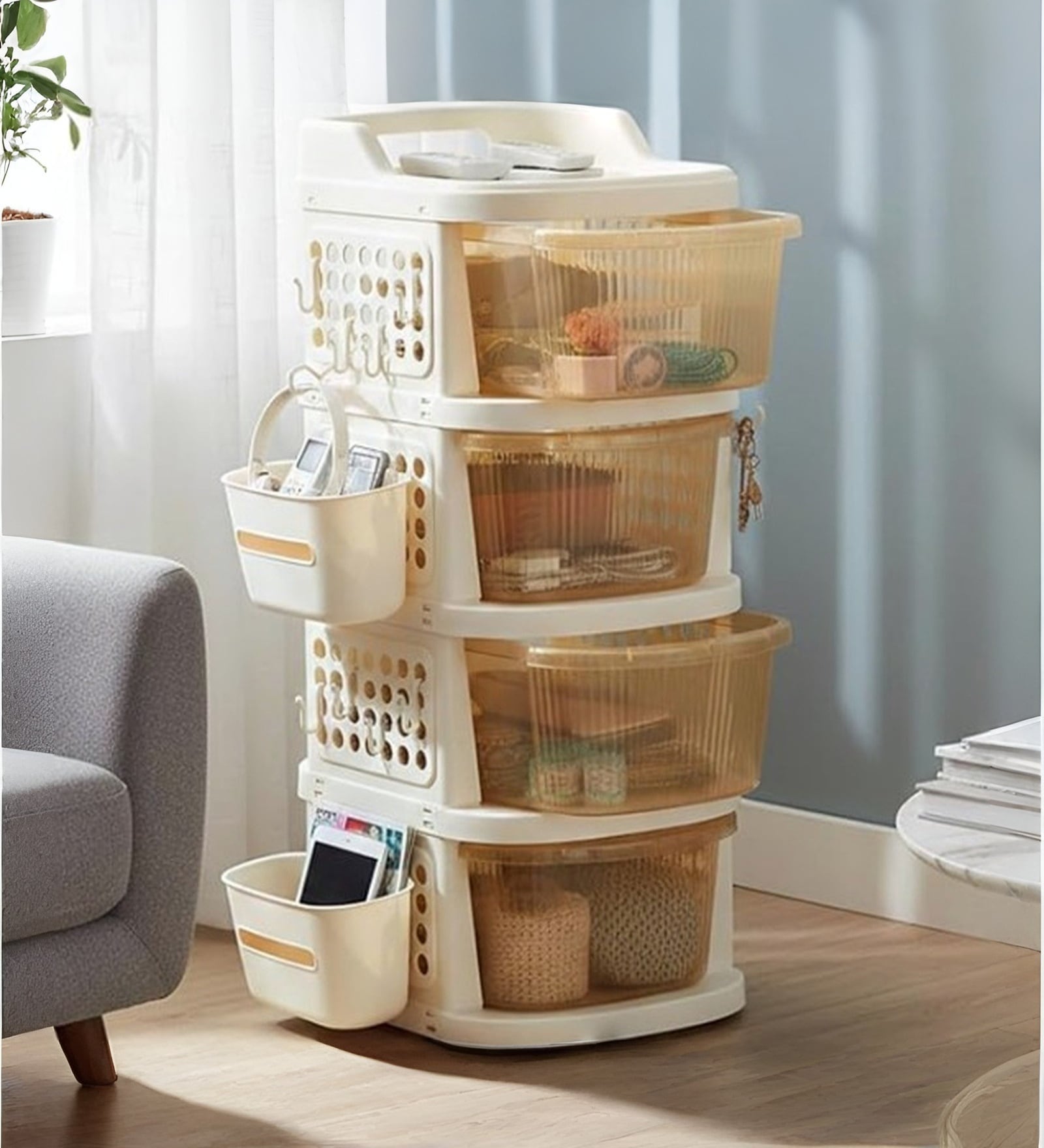 Cream Rolling Drawer With Wheels 4 Layer