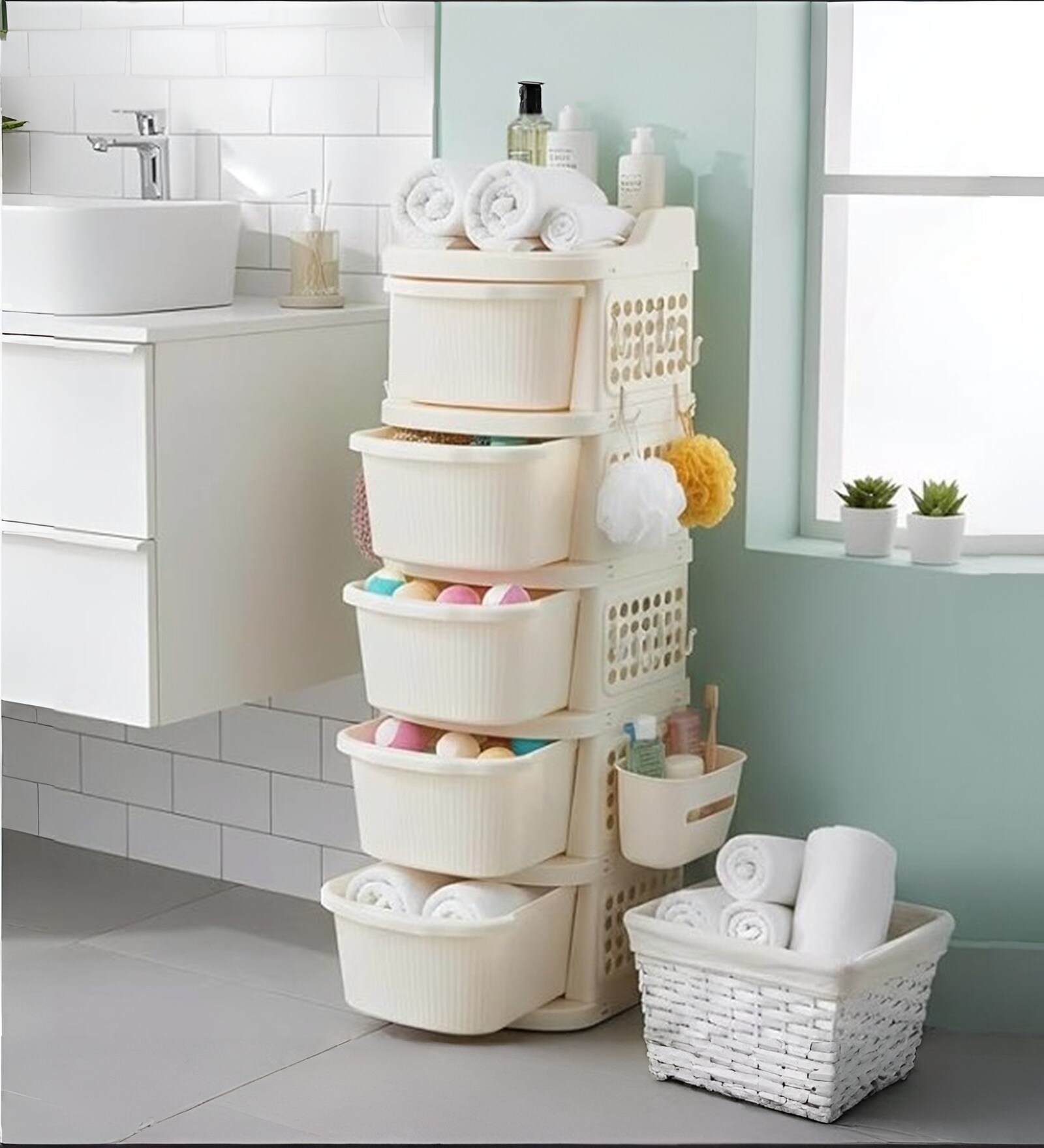 Cream Rolling Drawer With Wheels 5 Layer