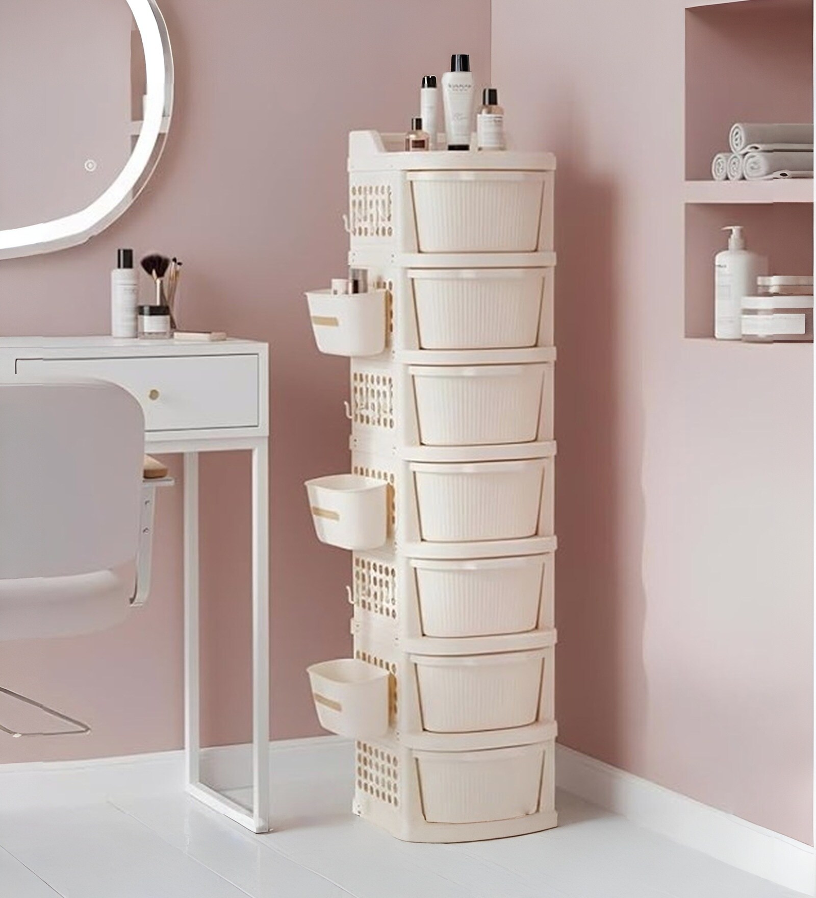 Cream Rolling Drawer With Wheels 7 Layer