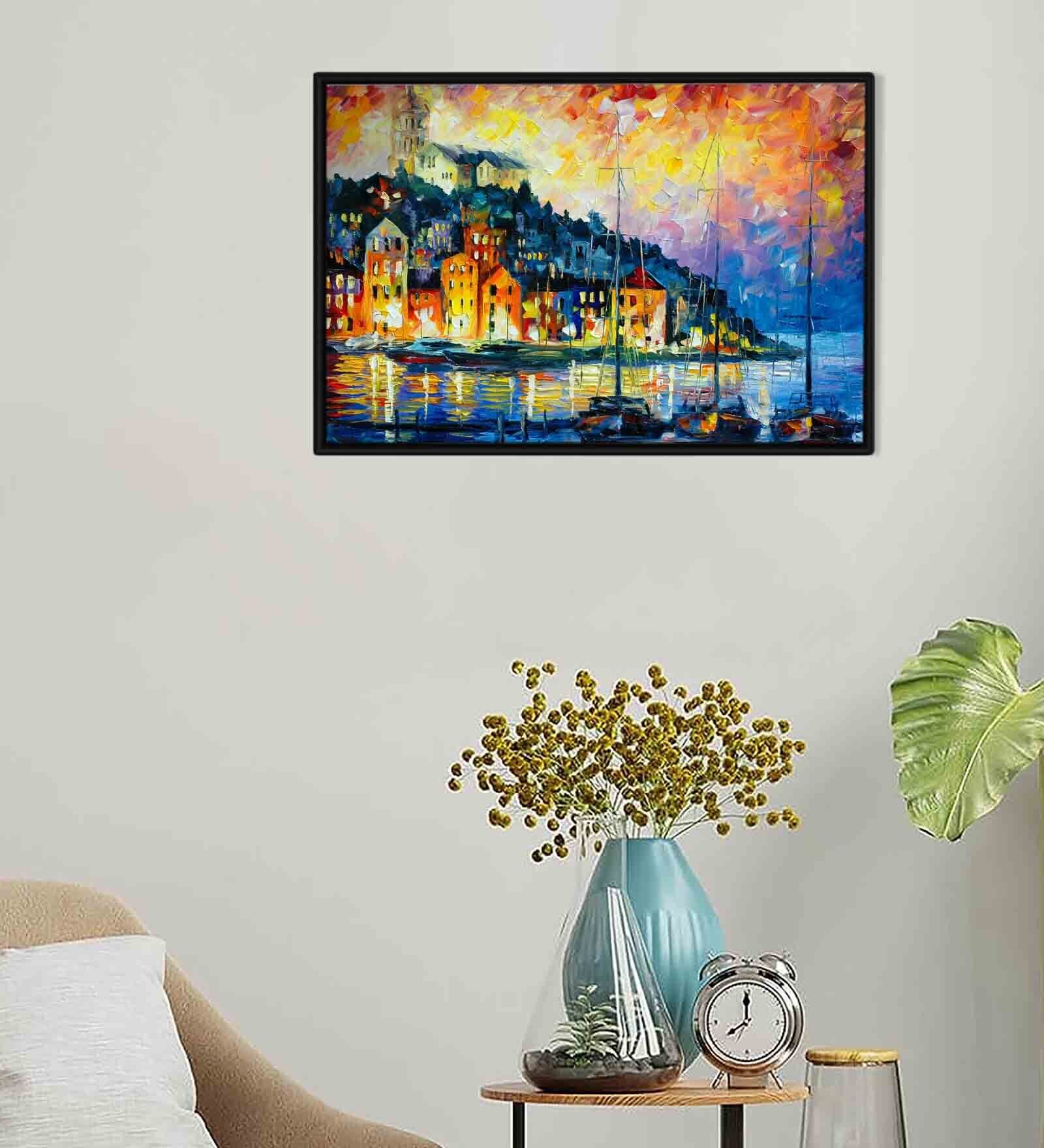 Nightfall City Light Multicolour Synthetic Wood Framed Canvas Wall Painting