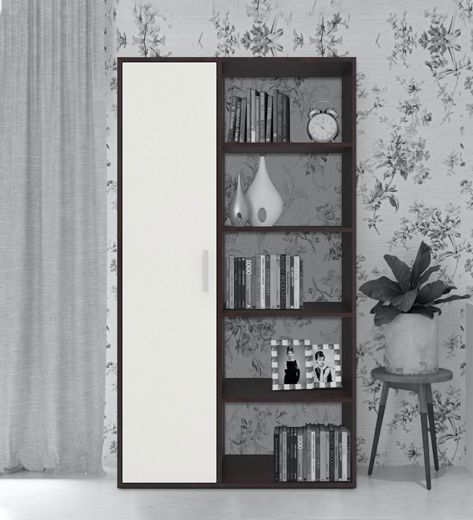 Nikola Crockery cum Bookshelf & Divider Unit in Antique Ebony & Ivory Colour