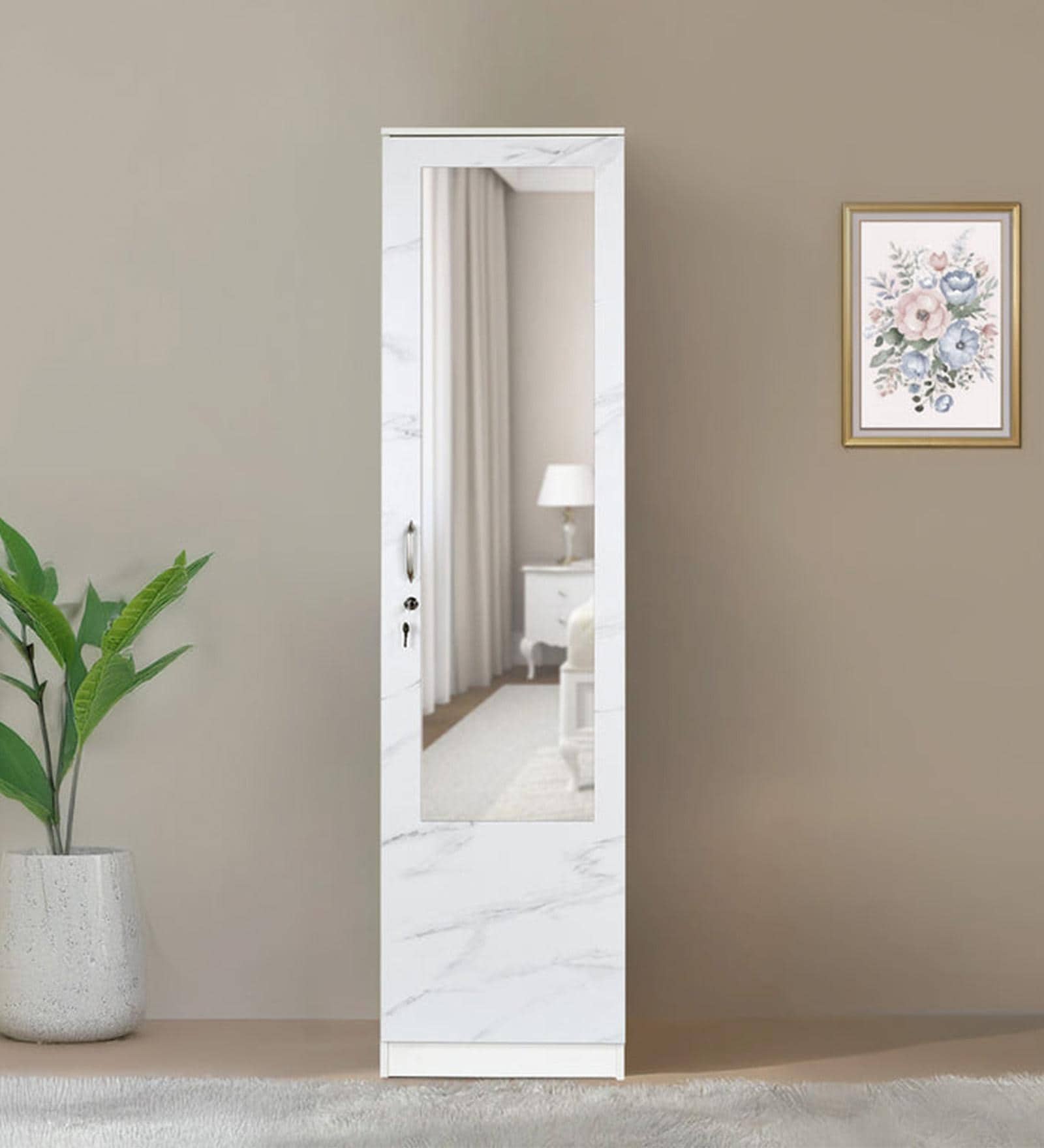 Marbito 1 Door Wardrobe With Mirror in White Finish Marbito 1 Door Wardrobe With Mirror in White Finish