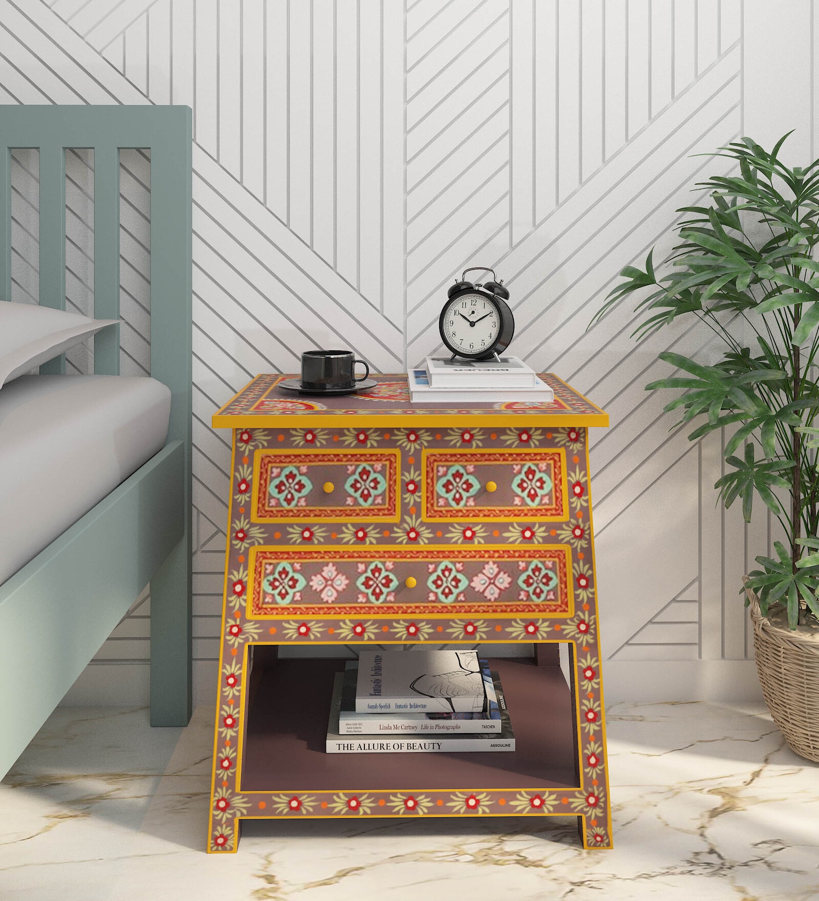 Nimilita Solid Wood Bedside Table In Hand-Painted Multicolour