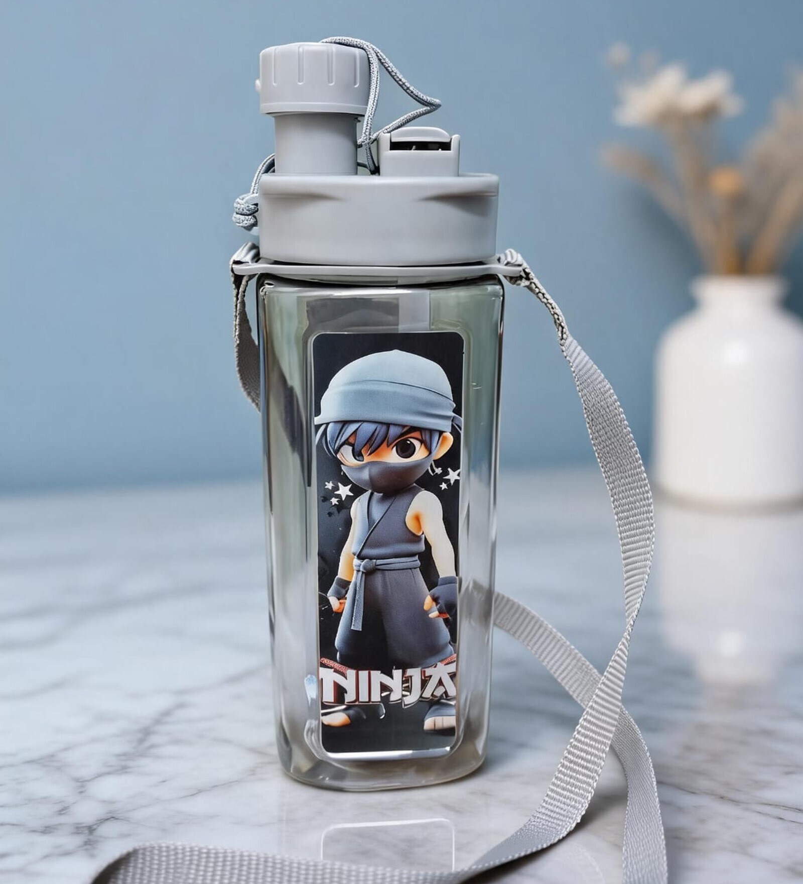 Ninja Printed Plastic Water Bottle with Straw & Strap, 600 ml