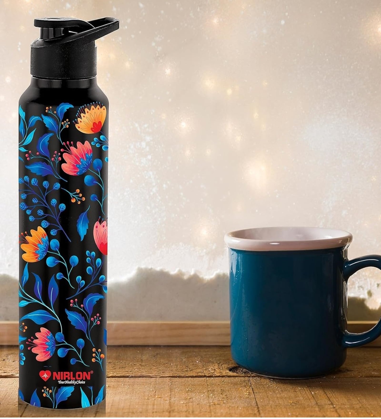 Black Florens 1000ml Classic Flip UV Printed Single Wall Stainless Steel Sipper Cap Water Bottle