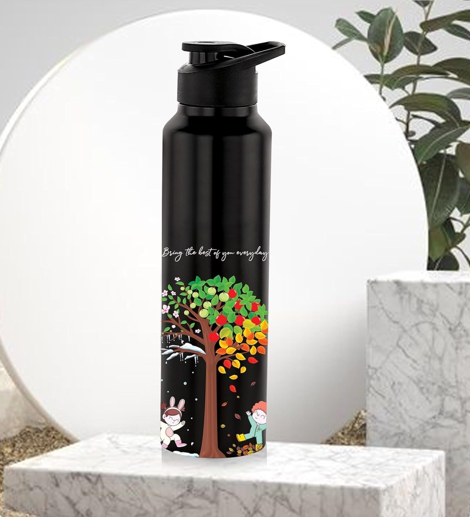 Black 1000ml Classic Flip UV I am the best Quote Printed Single Wall Stainless Steel Sipper Cap Water Bottle