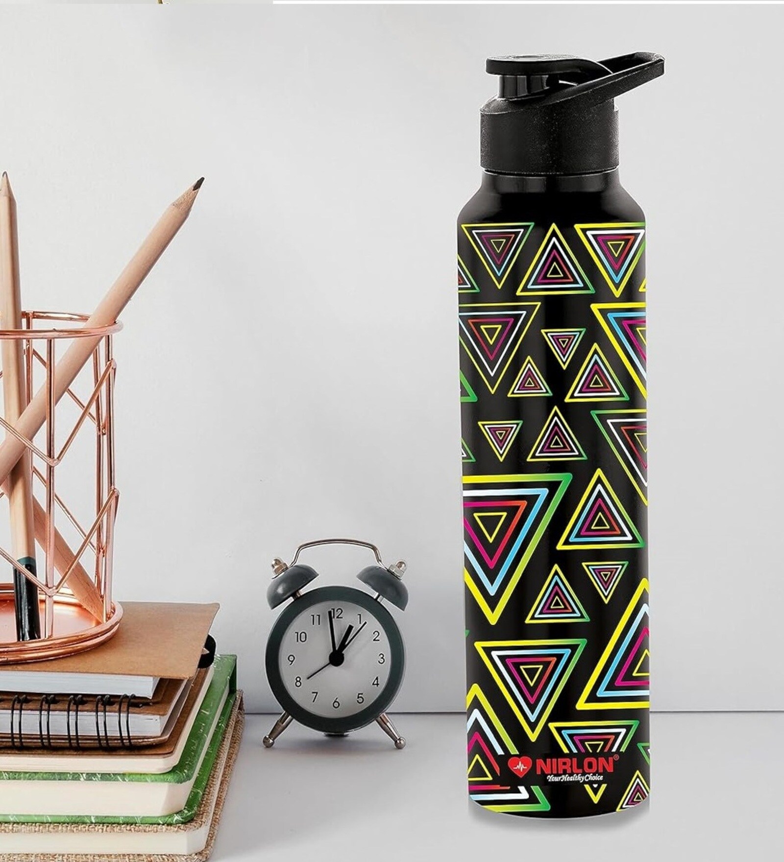 Black  Trigon 1000ml Classic Flip UV Printed Single Wall Stainless Steel Sipper Cap Water Bottle