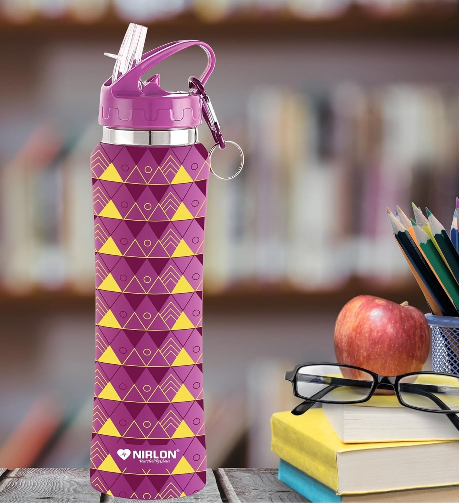 Purple Pyramid 750ml Flip Bot Stainless Steel Rubber Finish Water Bottle with Straw Lid