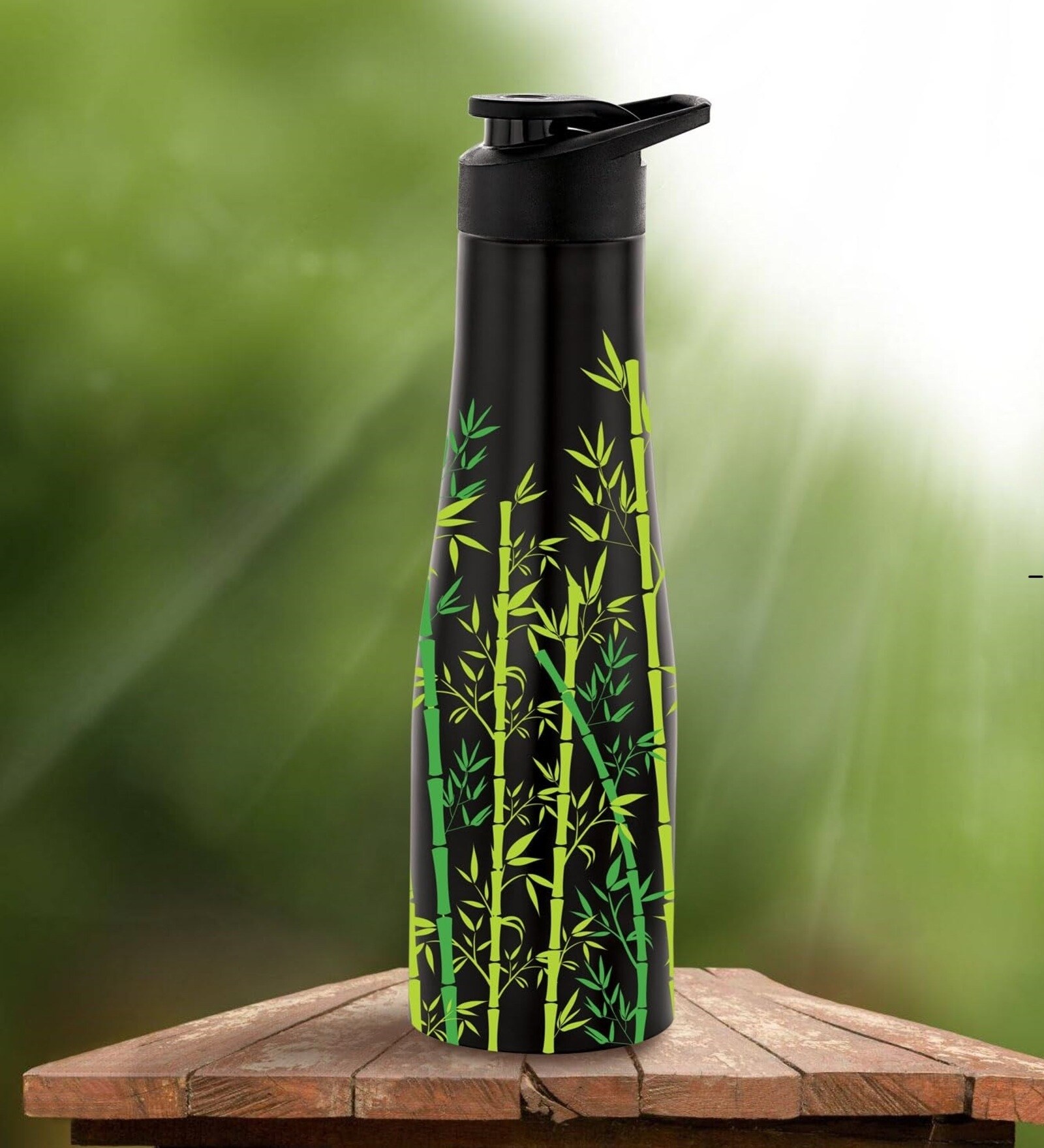 1 Ltr Black & Green Leafy Stainless Steel Water Bottle