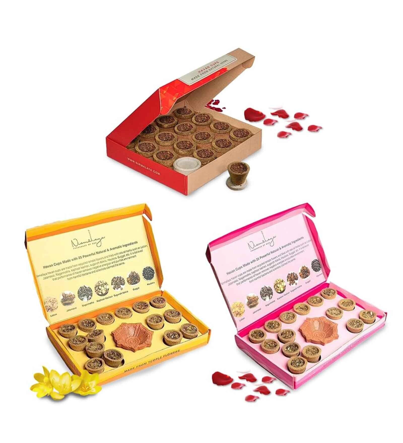 Sambrani, Rooh Gulab and Kesar Sandalwood Organic Havan Cups Variety Pack with Diya (45 pcs)