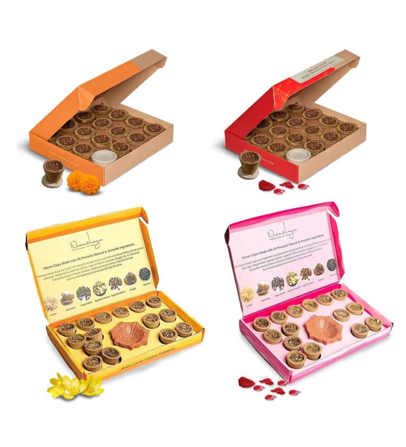 Organic Havan Cups Variety Pack 60 pcs- Desi Cow Dung, Rooh Gulab, Sambrani, Kesar Sandalwood Dhoop Cups