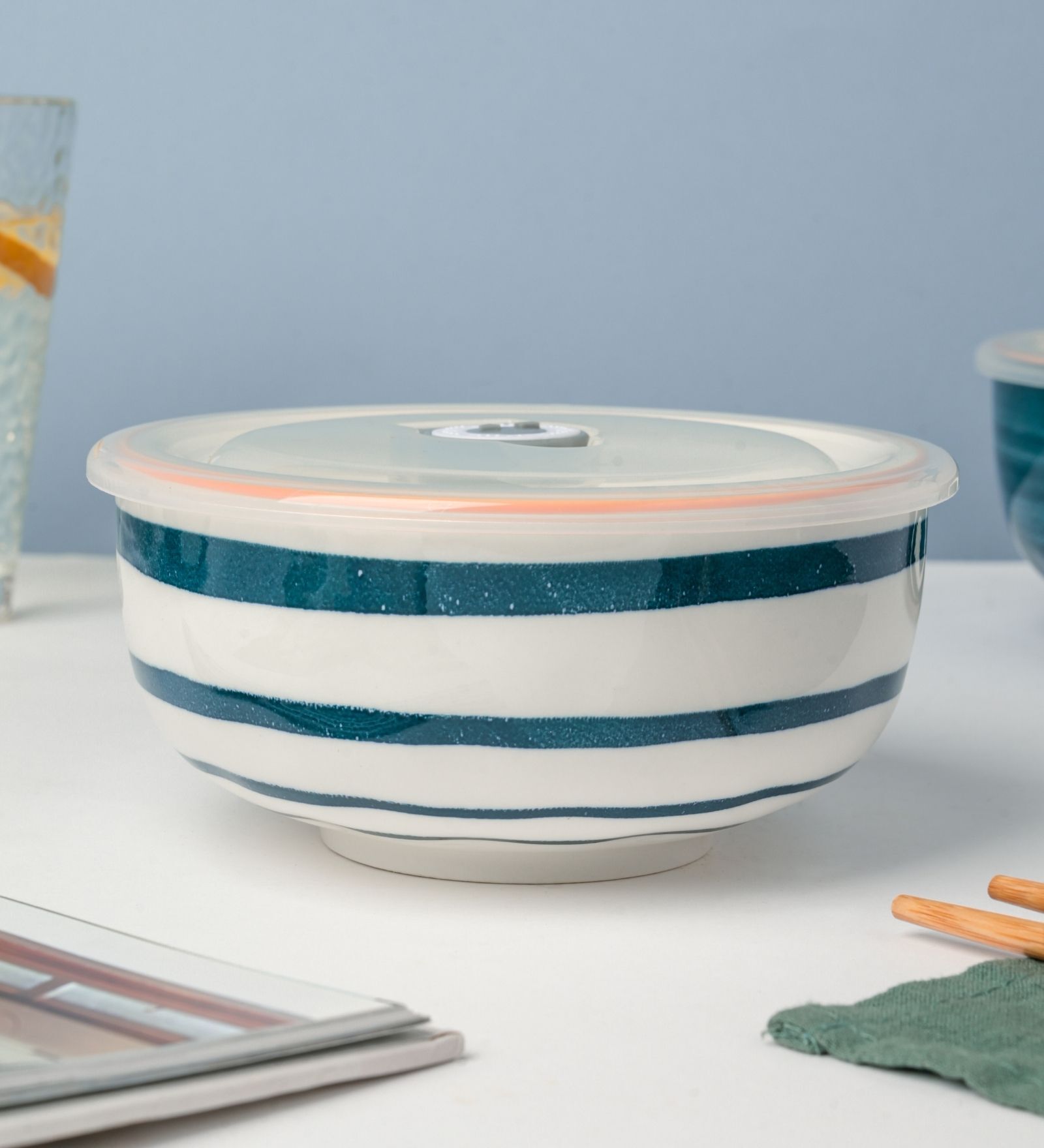 Buy Nitori TearDrop 650ml White & Blue Ceramic Serving Bowl with Lid