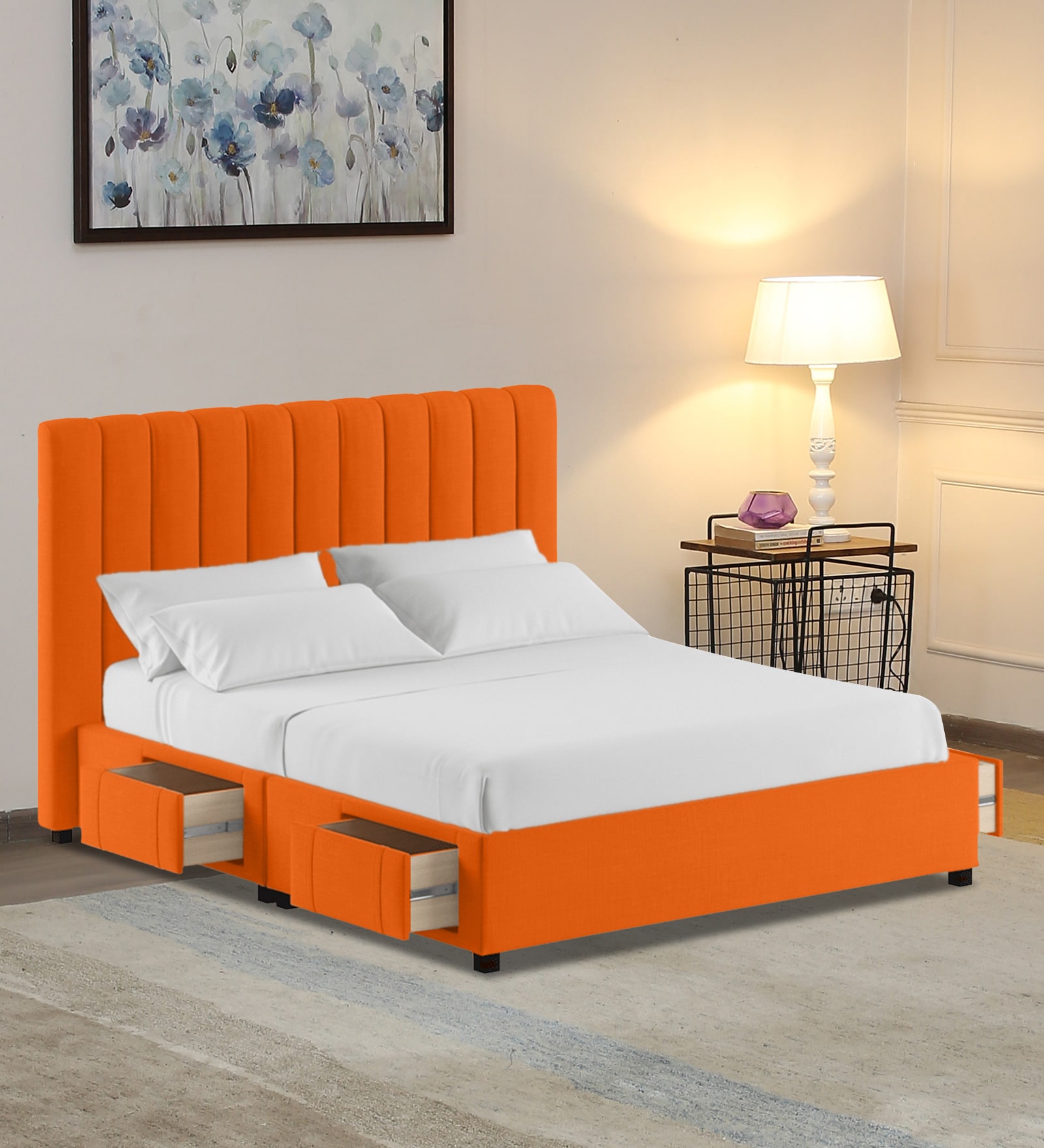 Nivi Fabric Upholstered King Size Bed in Vivid Orange Colour with Drawer Storage