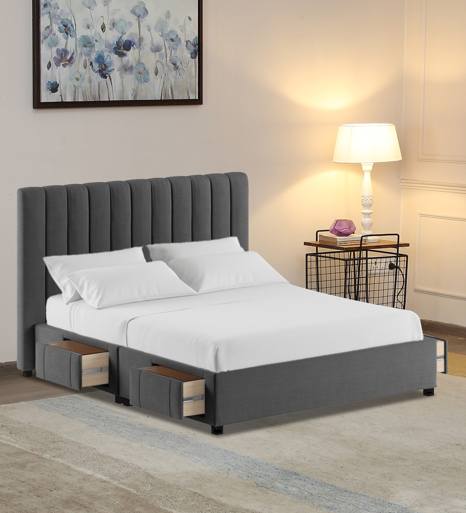 Nivi Fabric Upholstered Queen Size Bed in Charcoal Grey Colour with Drawer Storage