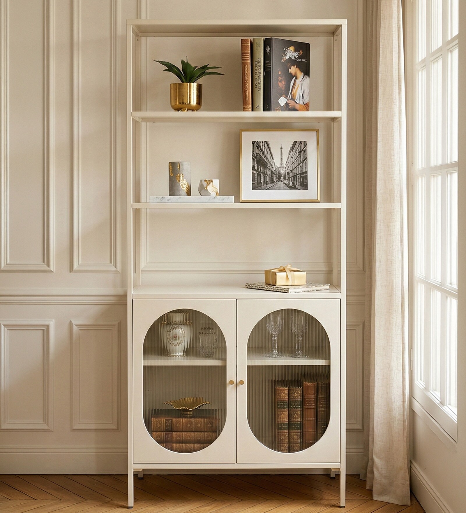 Nivra Multi-Purpose Metal Bookshelf with Open Display Shelves Fluted Glass Door Cabinet and Metal Frame