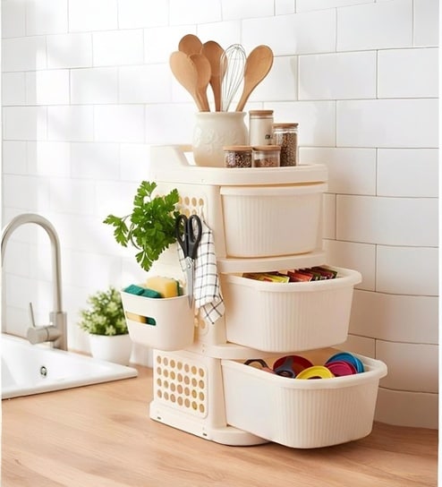 Cream Rolling Drawer With Wheels 3 Layer