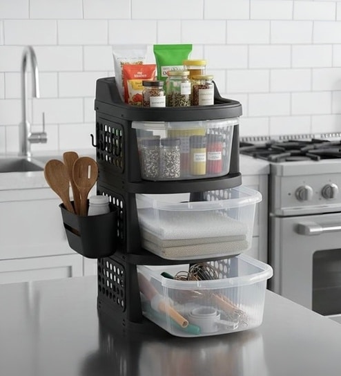 Black Rolling Drawer With Wheels 3 Layer