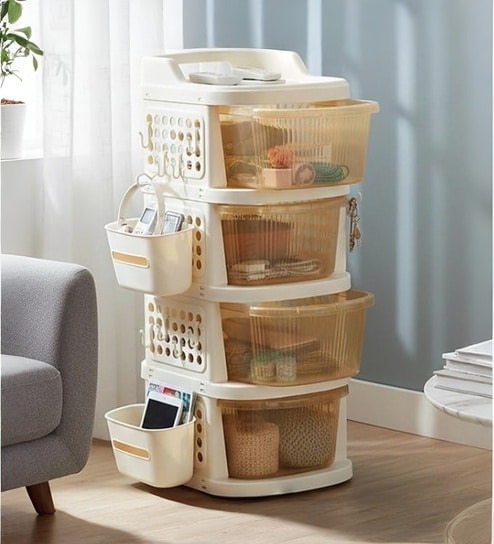 Cream Rolling Drawer With Wheels 4 Layer