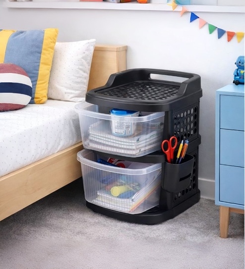 Black Rolling Drawer With Wheels 2 Layer
