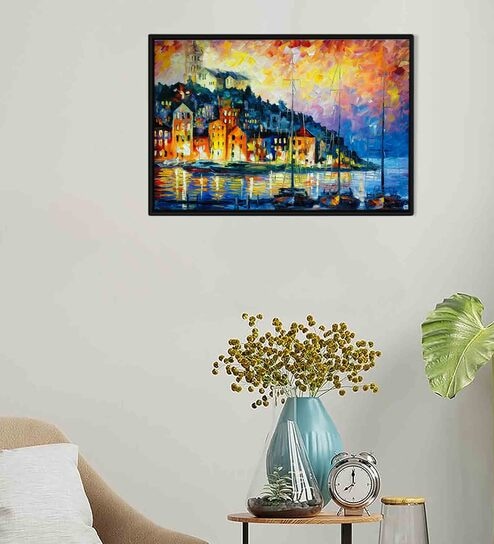 Nightfall City Light Multicolour Synthetic Wood Framed Canvas Wall Painting