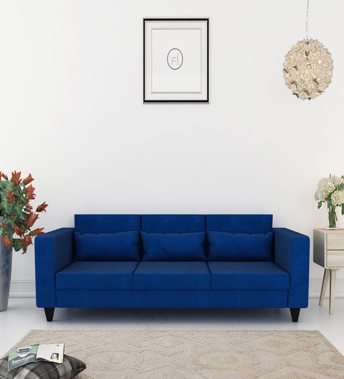 Nipul Fabric 3 Seater Sofa In Royal Blue Colour