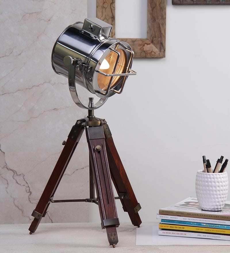 Buy Silver Metal Shade Tripod Table Lamp with Brown Base by Grated