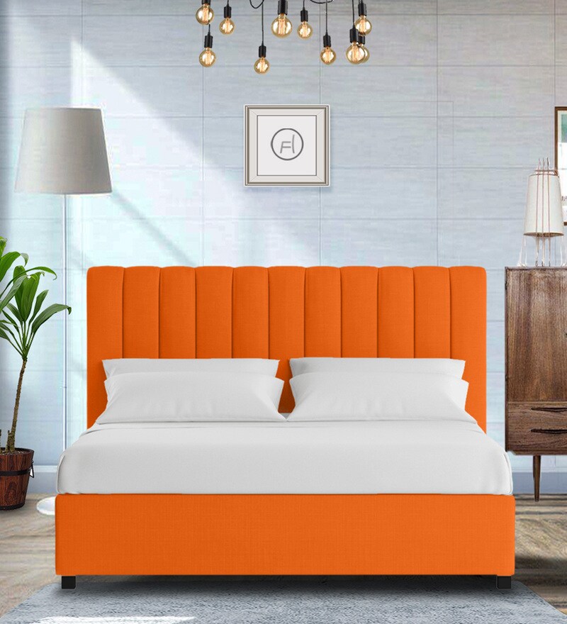 Buy Nivi Fabric Upholstered King Size Bed in Vivid Orange Colour with