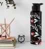 Black Floral Rush 1000ml Classic Flip UV Printed Single Wall Stainless Steel Sipper Cap Water Bottle