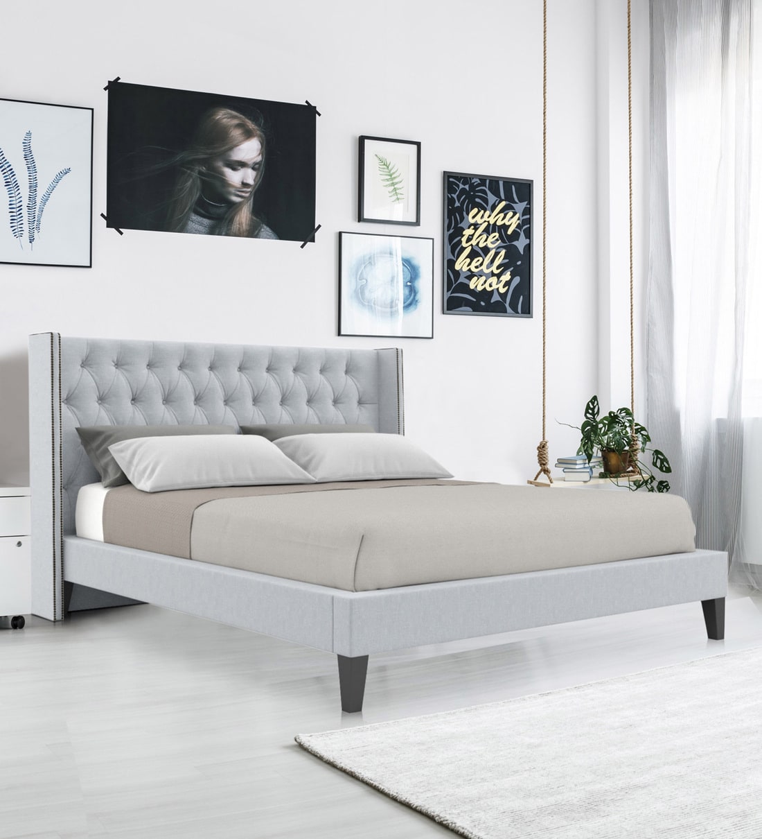 Buy Noa Queen size Upholstered Bed in Light Grey Colour by Dreamzz