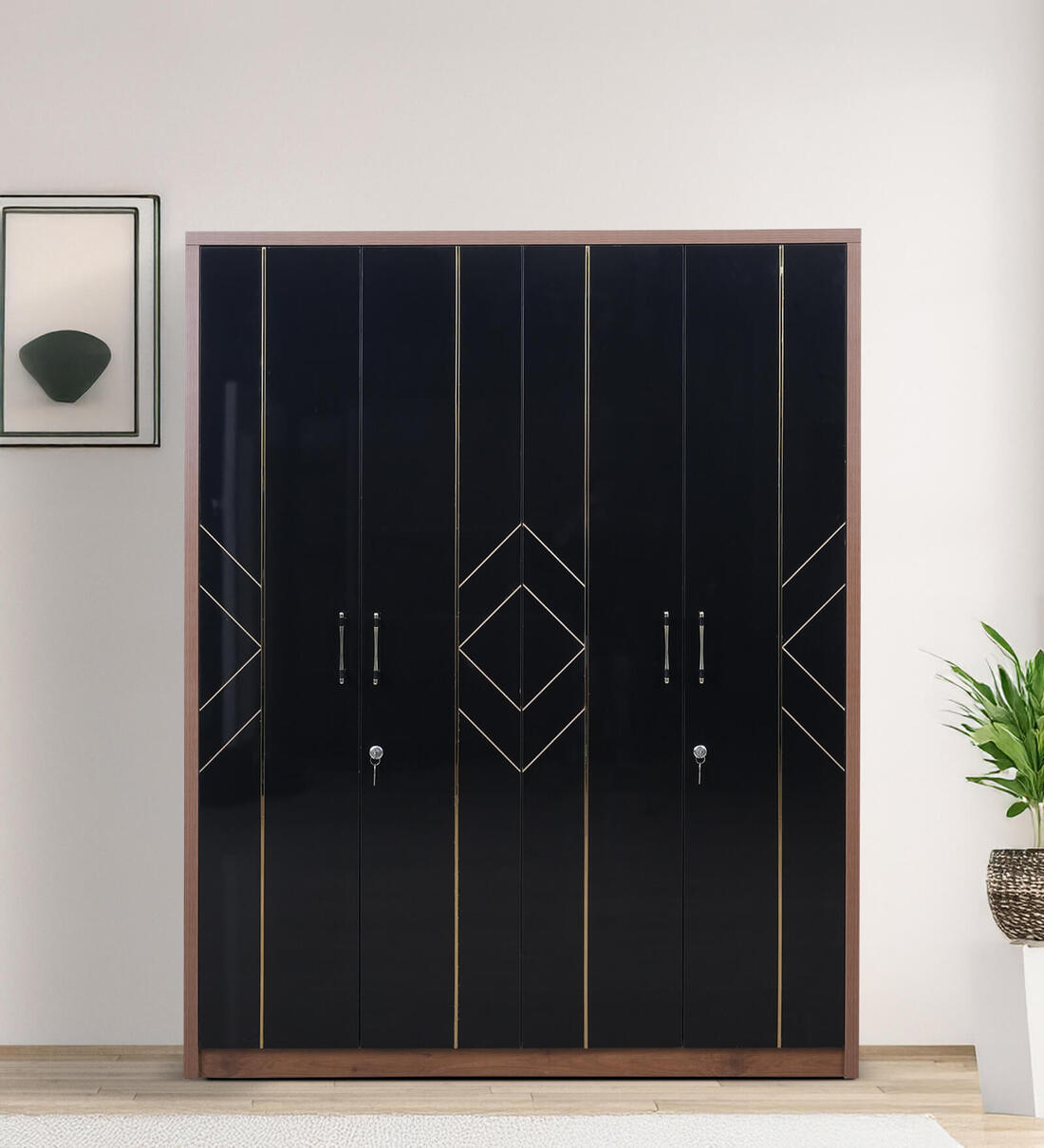 Buy Noir 4 Door Wardrobe In Black Glossy & Knottywood Color With