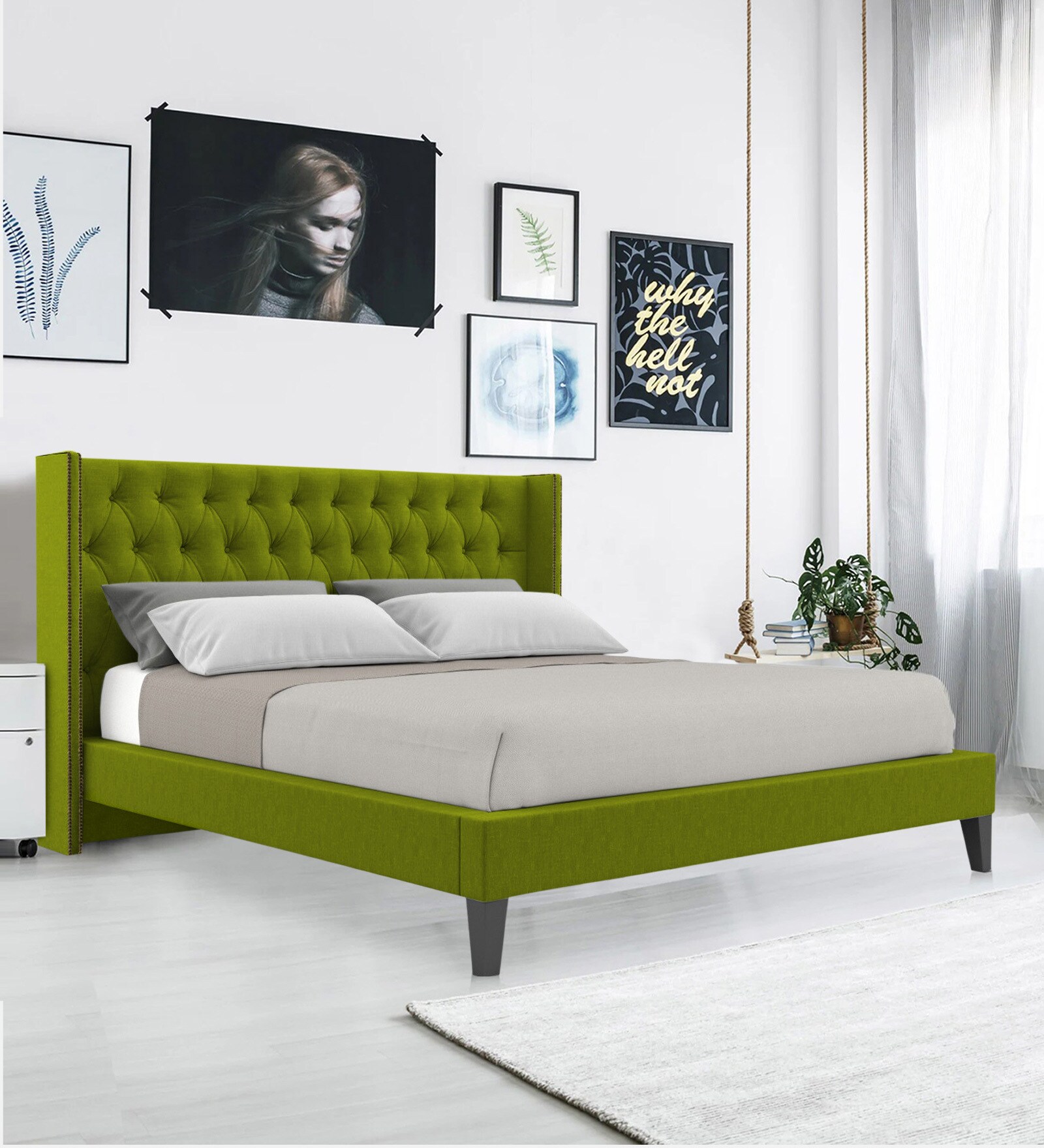 Noa Velvet King Size Bed in Green Colour